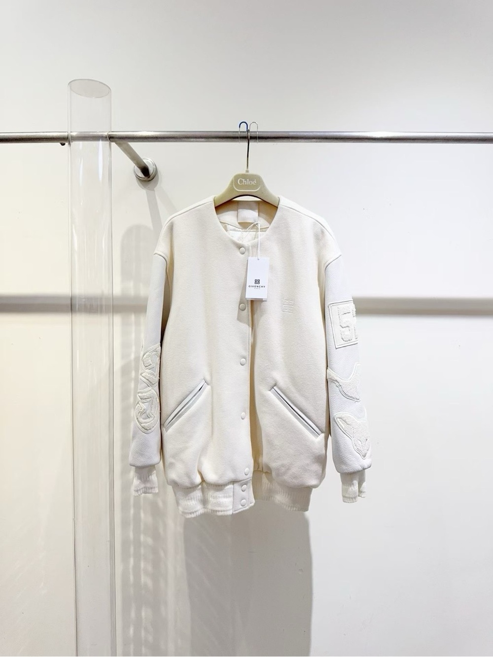 🚩steal Givenchy Cream/White Embroidered Sleeve Bomber Jacket